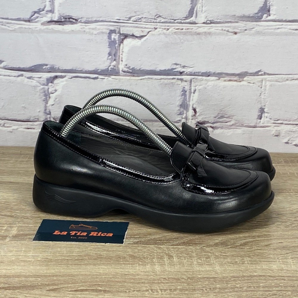 Dansko Black Leather Patent Trim Loafers